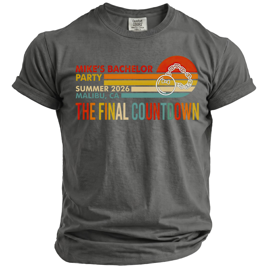 Mike's Bachelor Party 2026 Malibu, CA: The Final Countdown graphic tee.