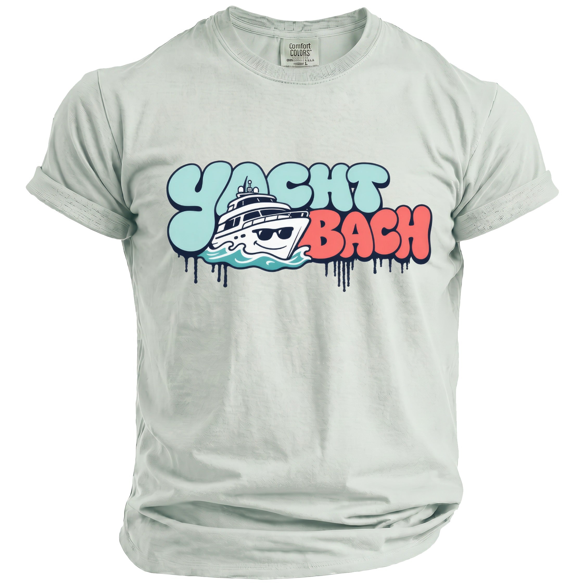 Light grey t-shirt with "YACHT BACH" text and a cartoon yacht.