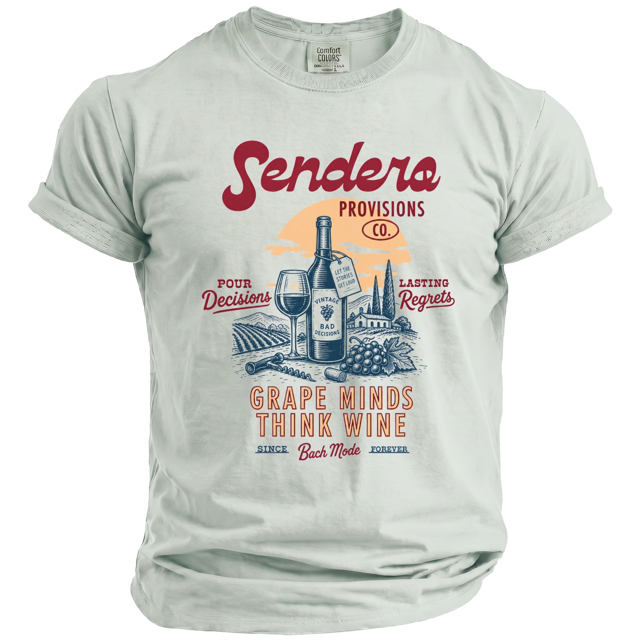 Shirt with "Sendera Provisions Co." and grape harvest illustration.