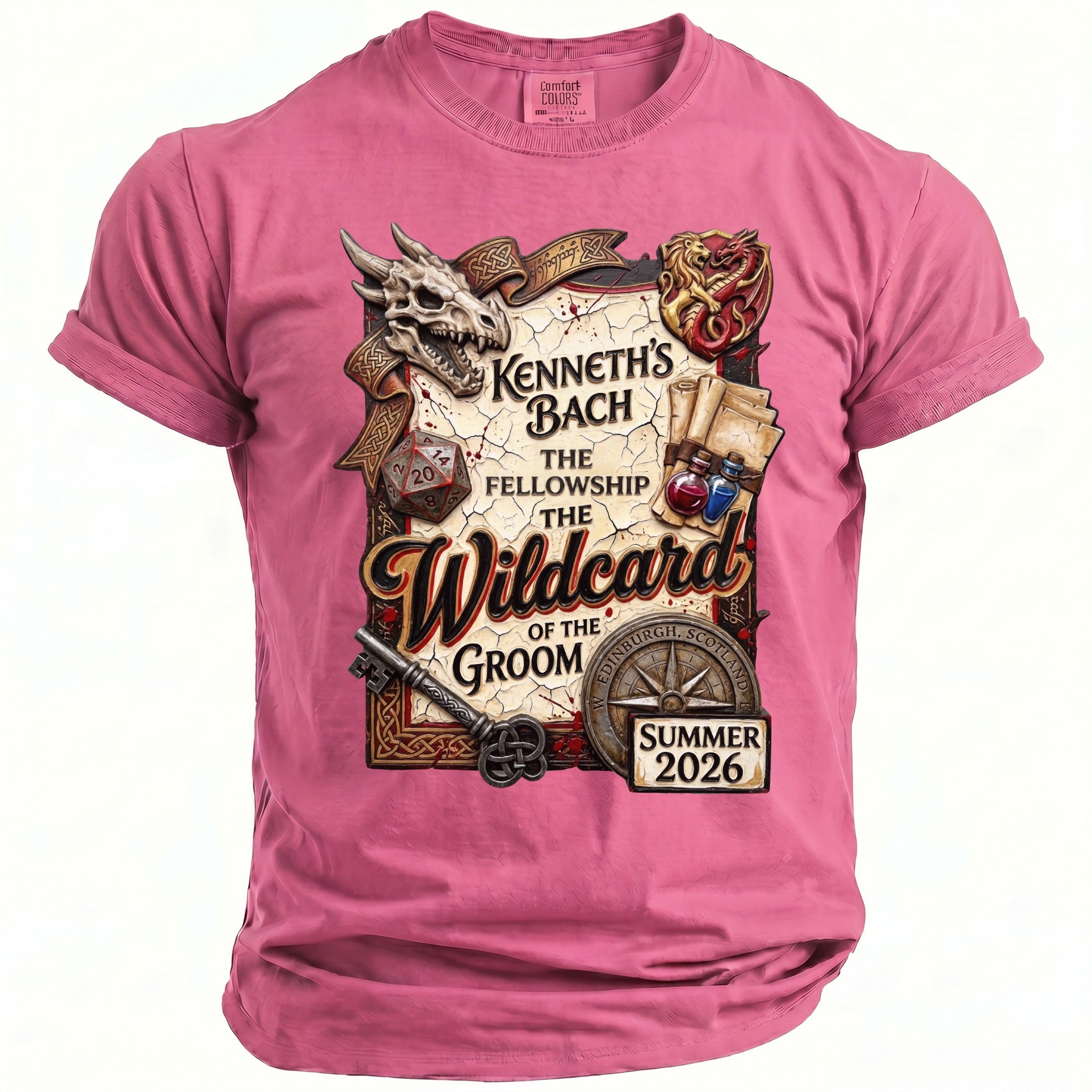Pink t-shirt with "Kenneth's Bach The Fellowship The Wildcard of the Groom" design and summer 2026.