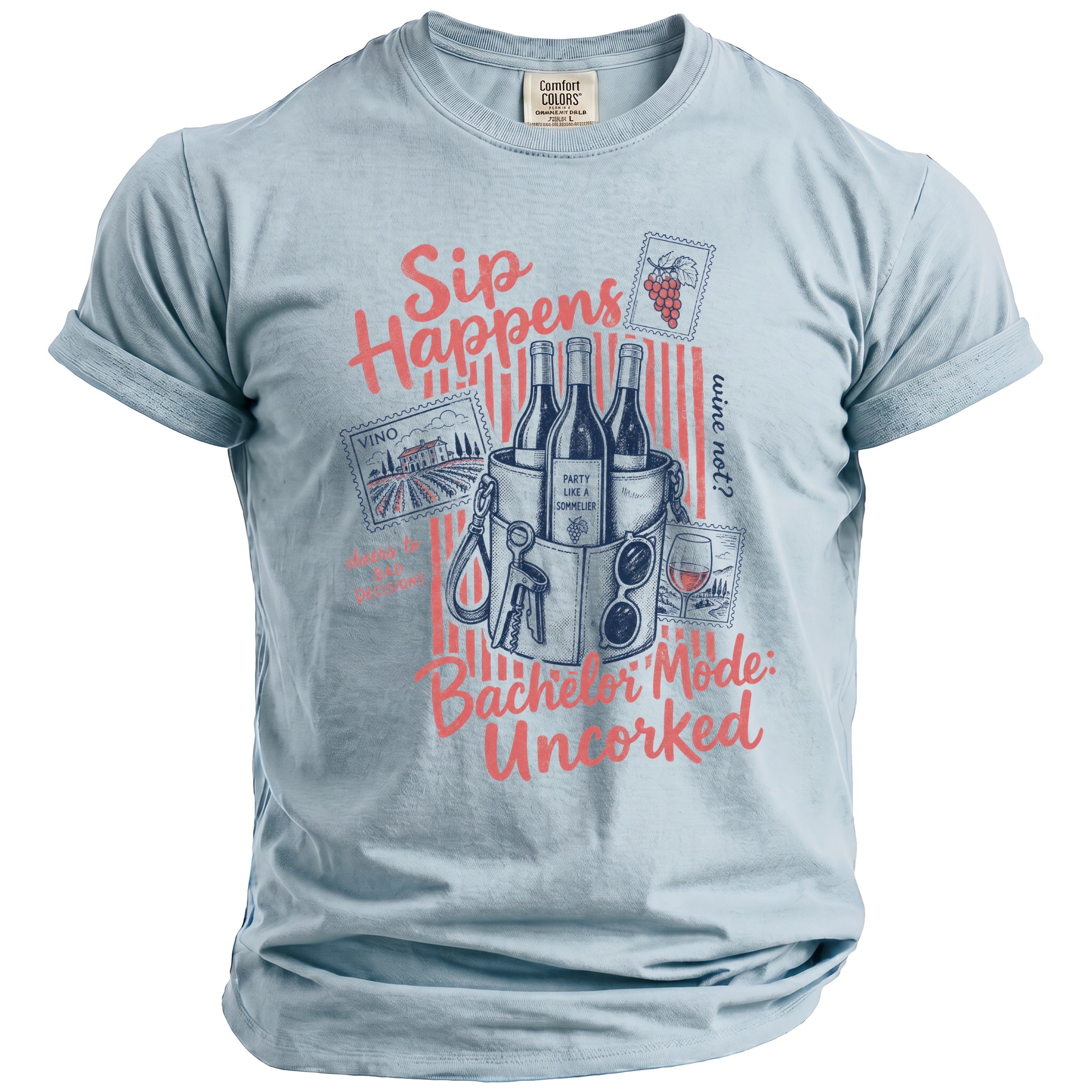 Light blue t-shirt with "Sip Happens" and wine-themed graphics.