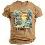Tan t-shirt with "Bach Beach Party" graphic featuring a beach bar, cooler, and surfboards.