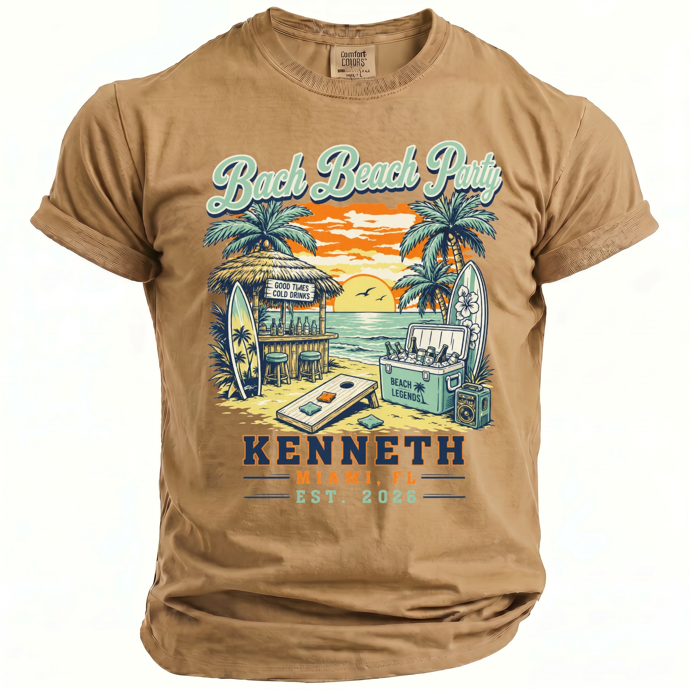 Tan t-shirt with "Bach Beach Party" graphic featuring a beach bar, cooler, and surfboards.