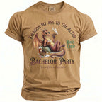Tan t-shirt print of a dragon with sunglasses holding a drink, smoking a cigar, with poker chips and cards.