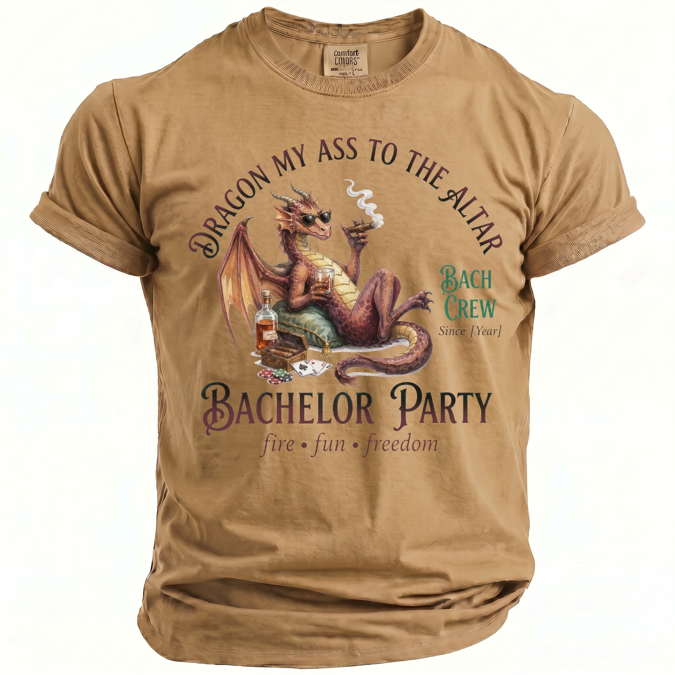 Tan t-shirt print of a dragon with sunglasses holding a drink, smoking a cigar, with poker chips and cards.