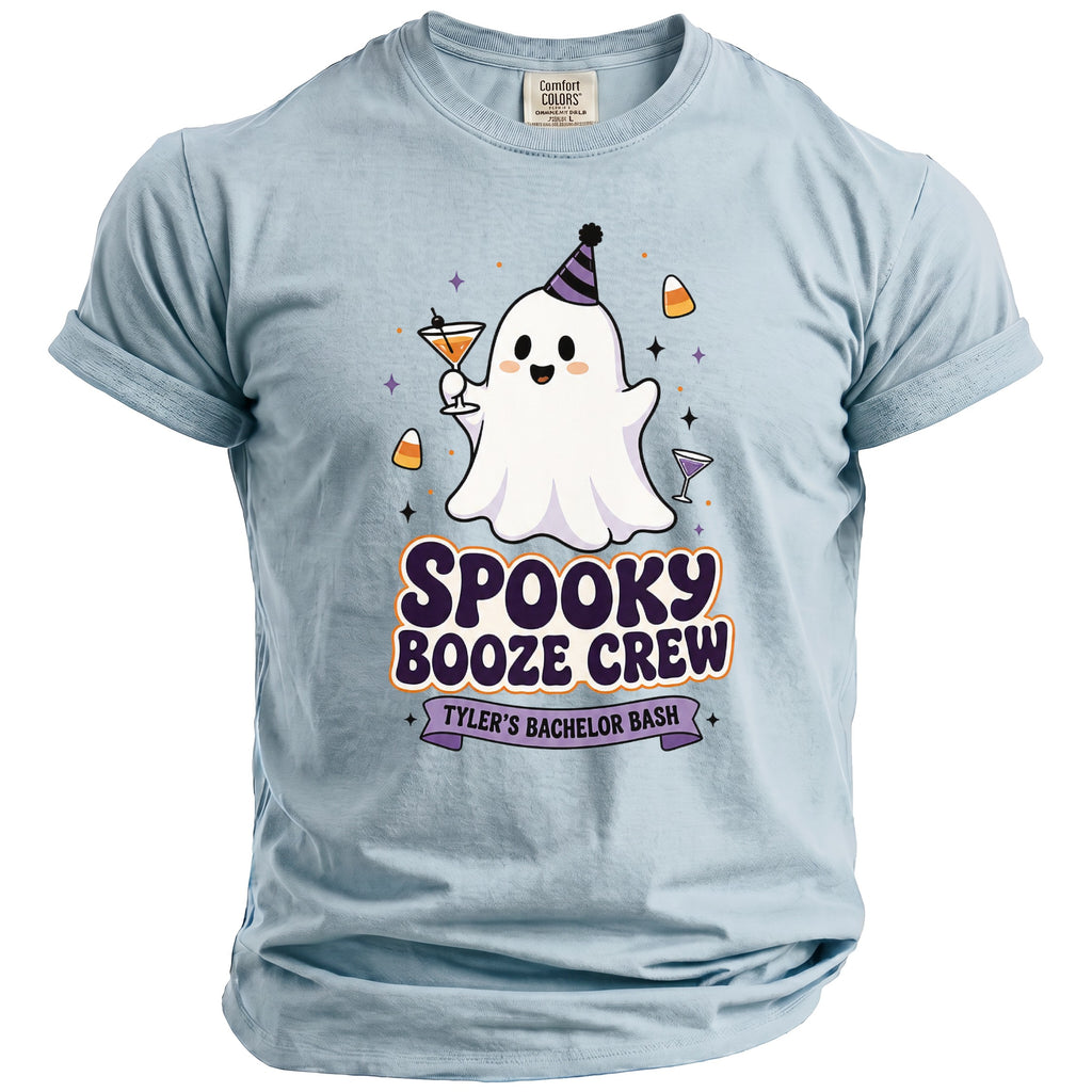 Light blue t-shirt with spooky ghost design for Tyler's Bachelor Bash.