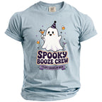 Light blue t-shirt with spooky ghost design for Tyler's Bachelor Bash.