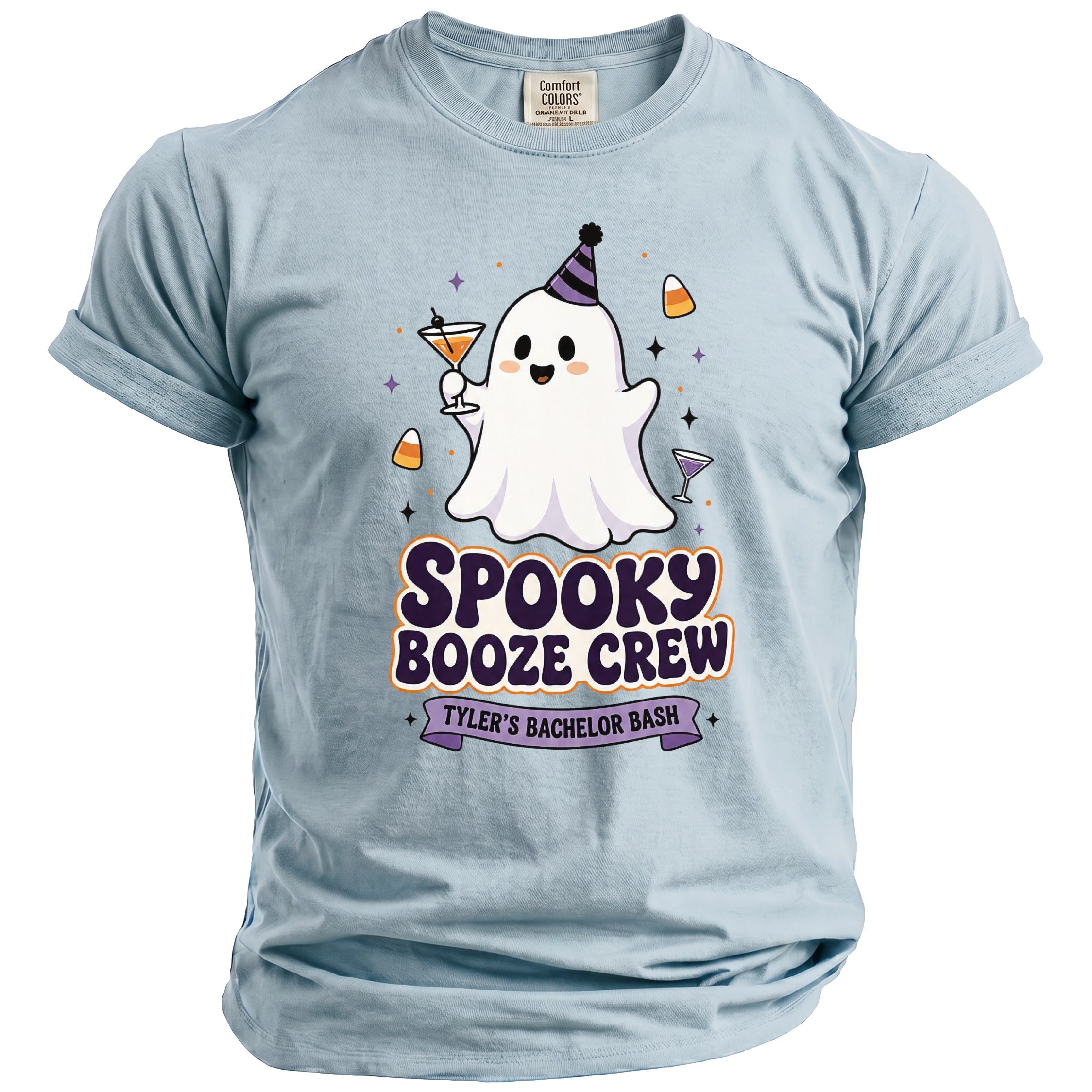 Light blue t-shirt with spooky ghost design for Tyler's Bachelor Bash.