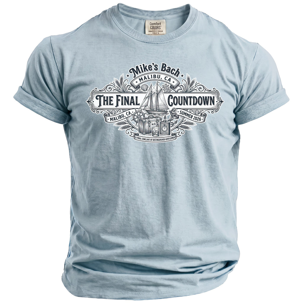 Pale blue t-shirt with "Mike's Bach Malibu, CA The Final Countdown Summer 2026" graphic.