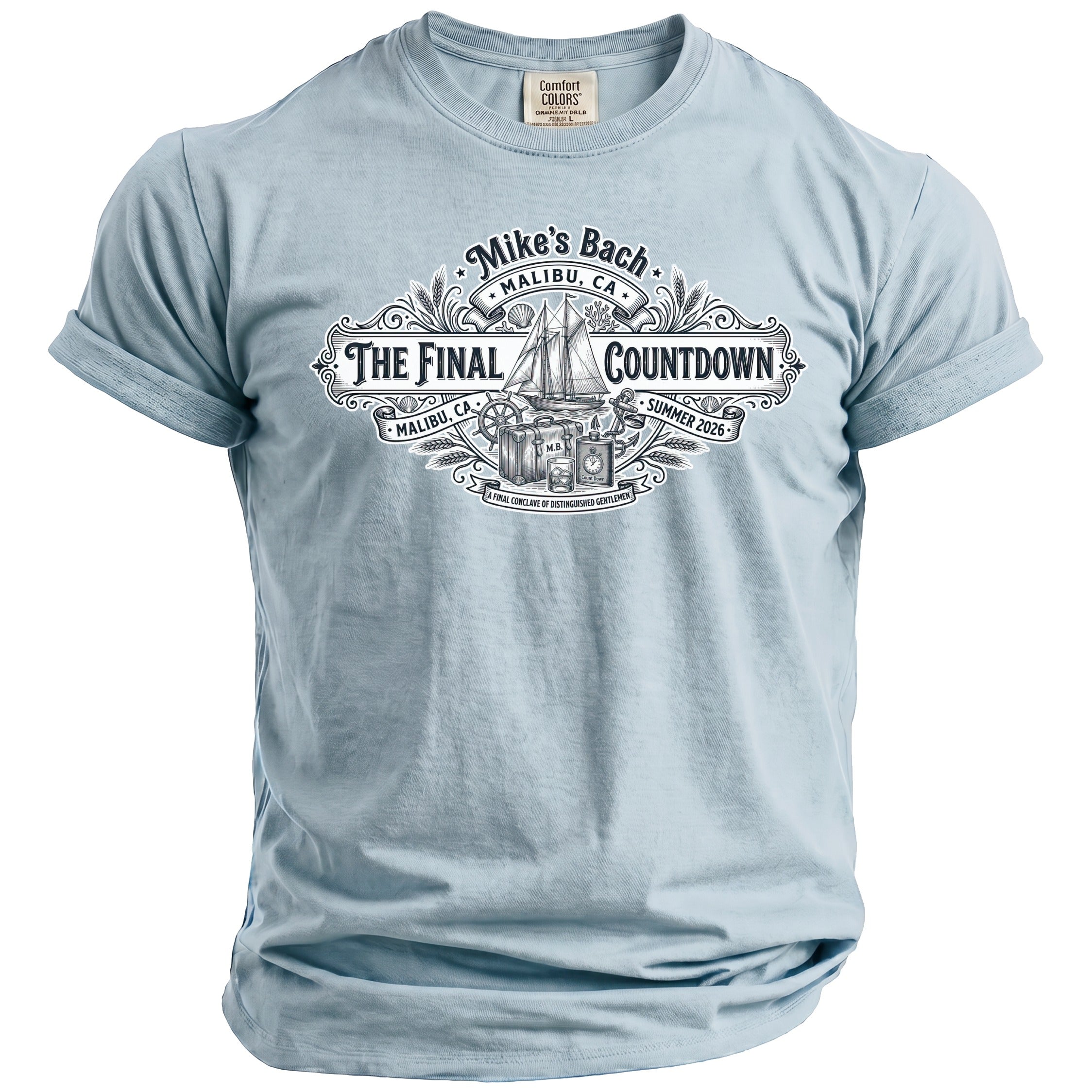 Pale blue t-shirt with "Mike's Bach Malibu, CA The Final Countdown Summer 2026" graphic.