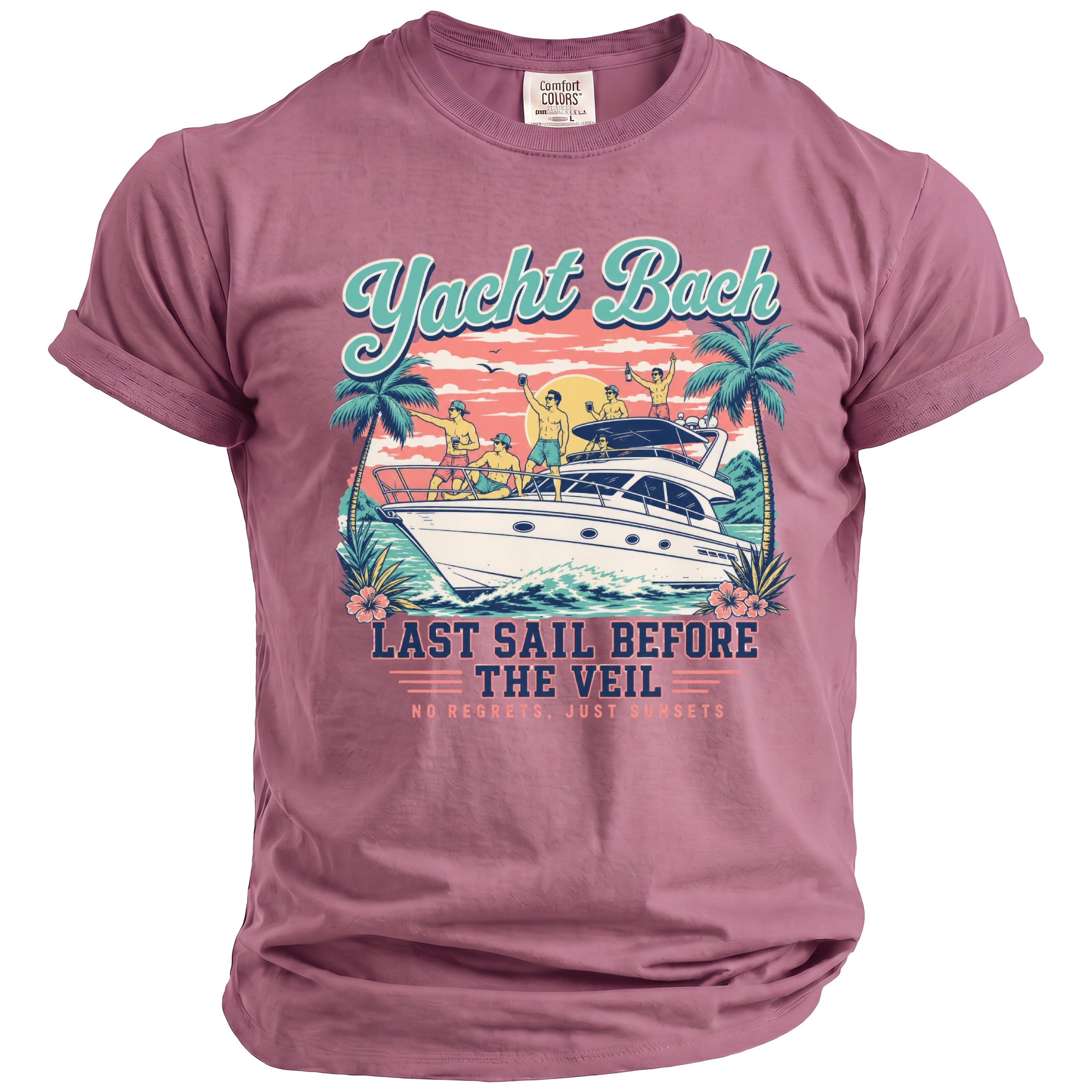 A dusty rose t-shirt features a graphic of men on a yacht with sunset, palm trees, and text reading Yacht Bach Last Sail Before The Veil.