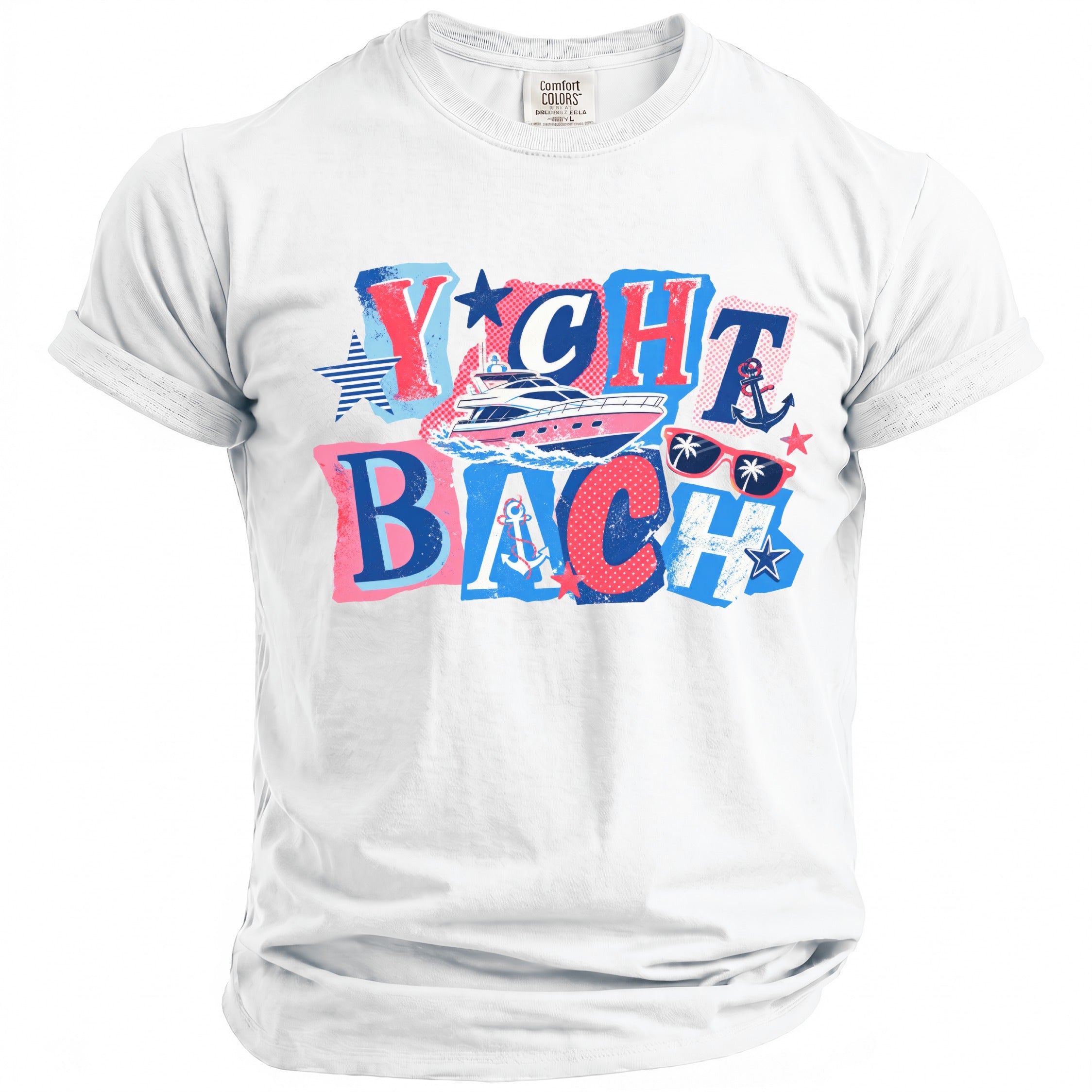 White crewneck t-shirt with a blue, pink, and white graphic featuring a yacht and Yacht Bach text.