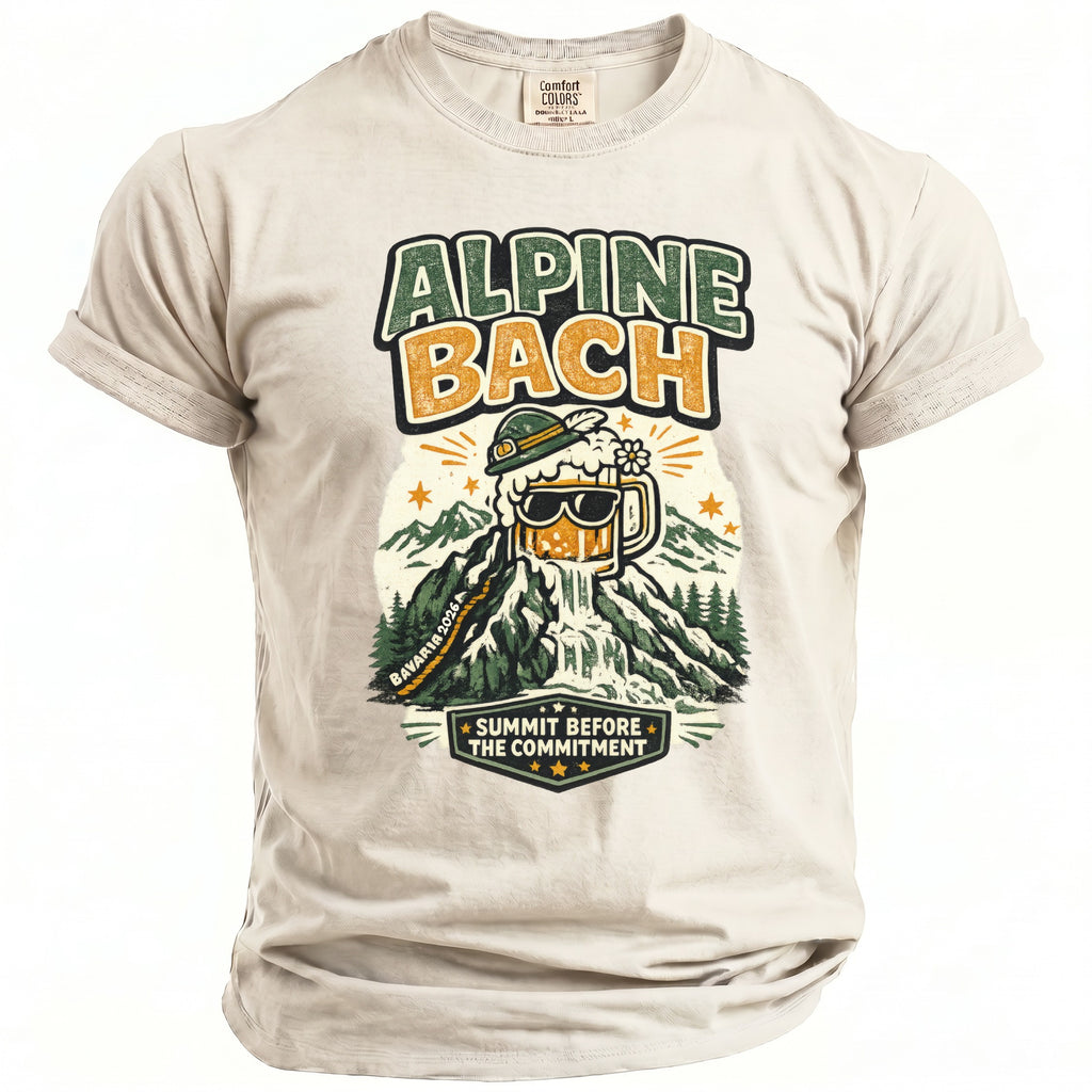 T-shirt with "Alpine Bach" graphic of a beer mug waterfall on a mountain.