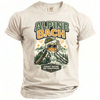 T-shirt with "Alpine Bach" graphic of a beer mug waterfall on a mountain.