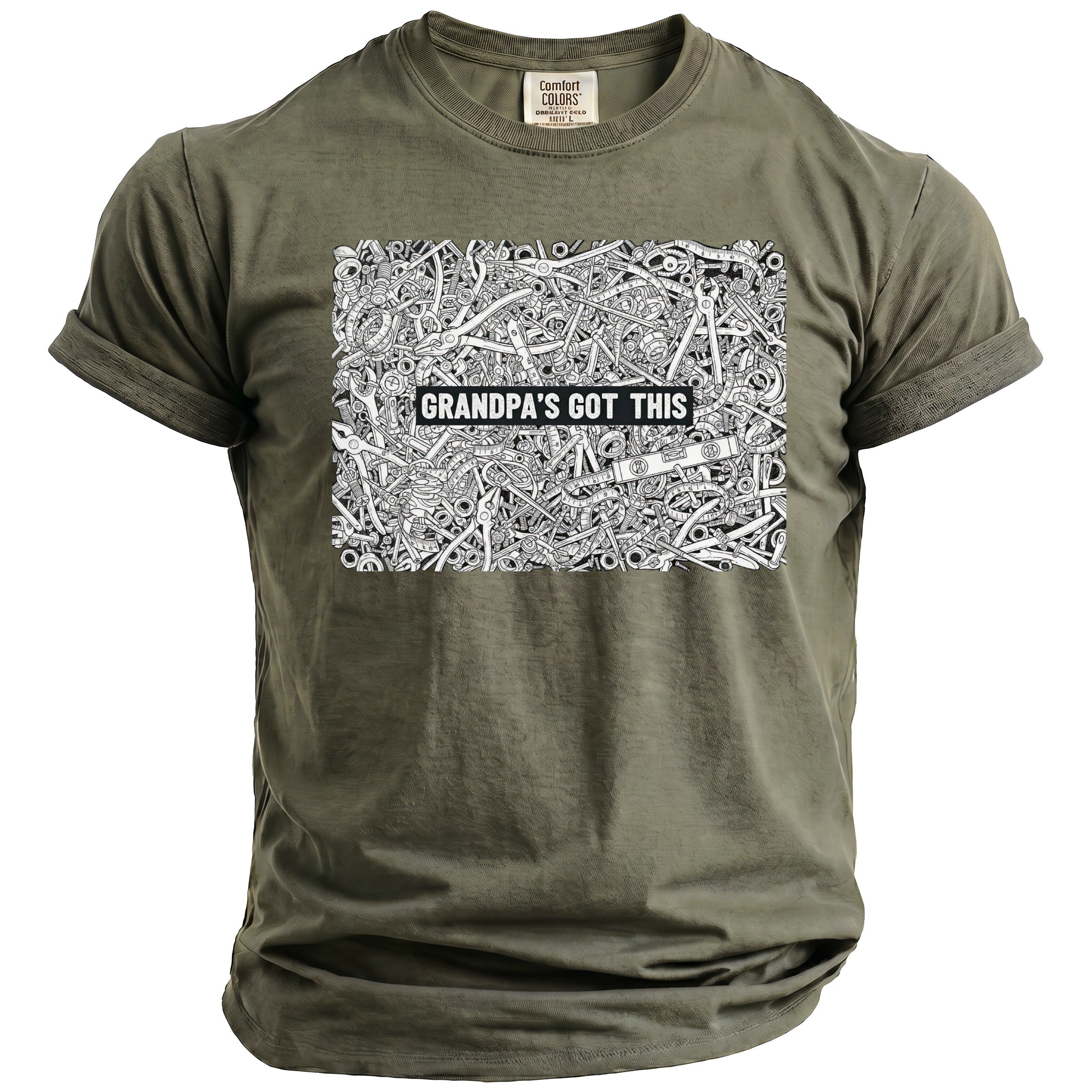 Green t-shirt with a detailed illustration of tools and the text "GRANDPA'S GOT THIS".