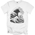 White t-shirt with black line drawing of a large wave and a "Wet Paint" sign.
