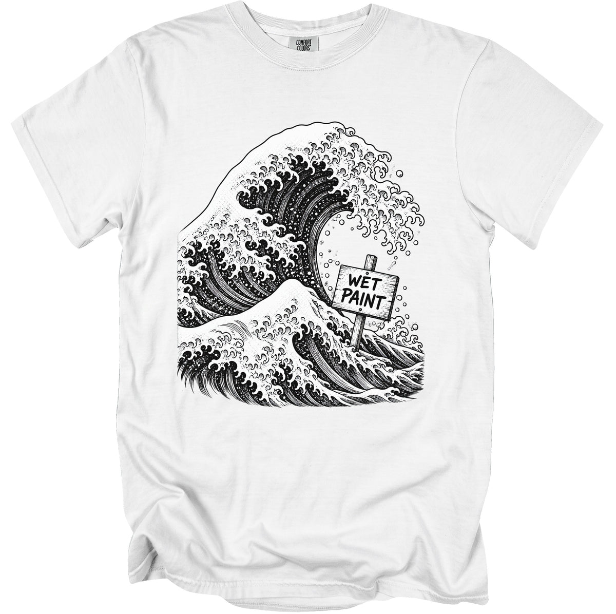White t-shirt with black line drawing of a large wave and a "Wet Paint" sign.