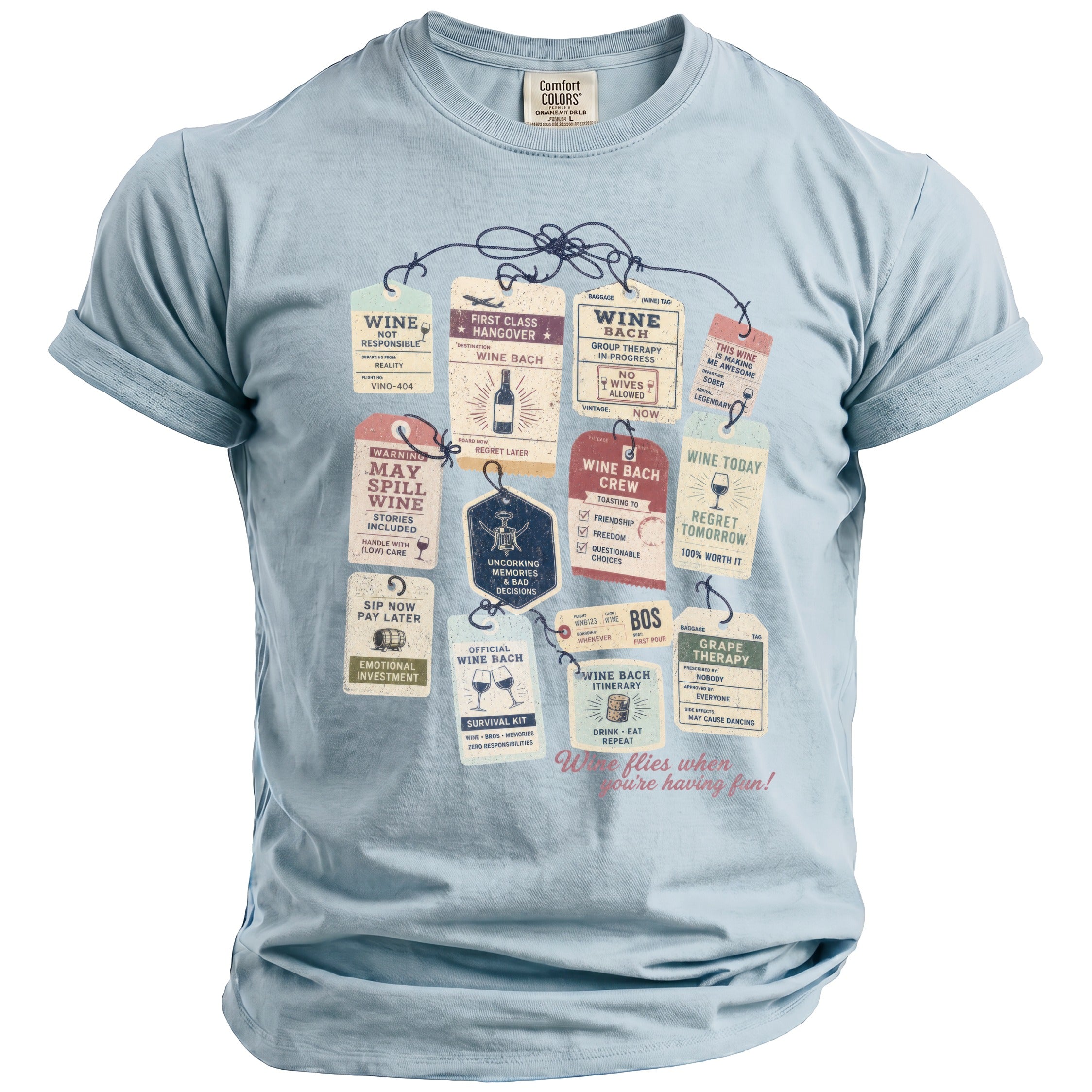 Light blue t-shirt with wine-themed luggage tags and text.