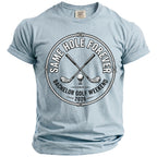 Light blue t-shirt with golf graphic: "SAME HOLE FOREVER BACHELOR GOLF WEEKEND 2026".