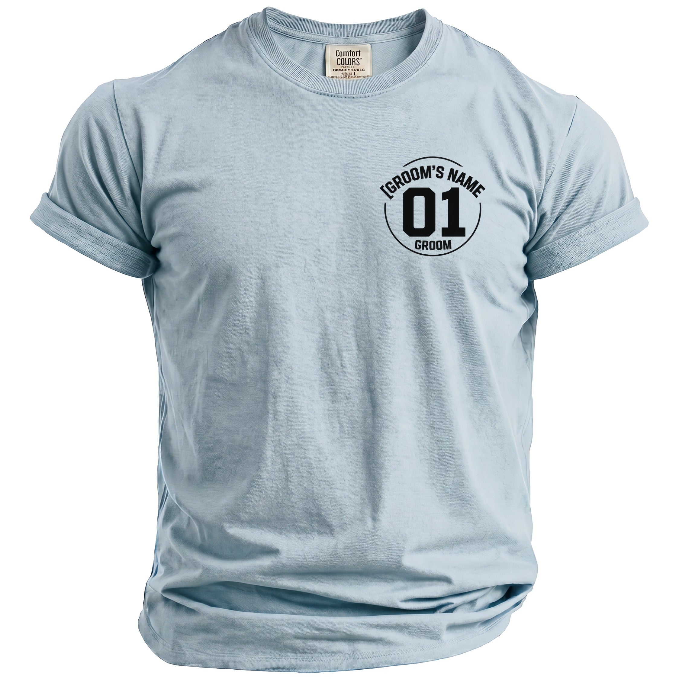 Light blue t-shirt with black text "GROOM'S NAME 01 GROOM" on the chest.