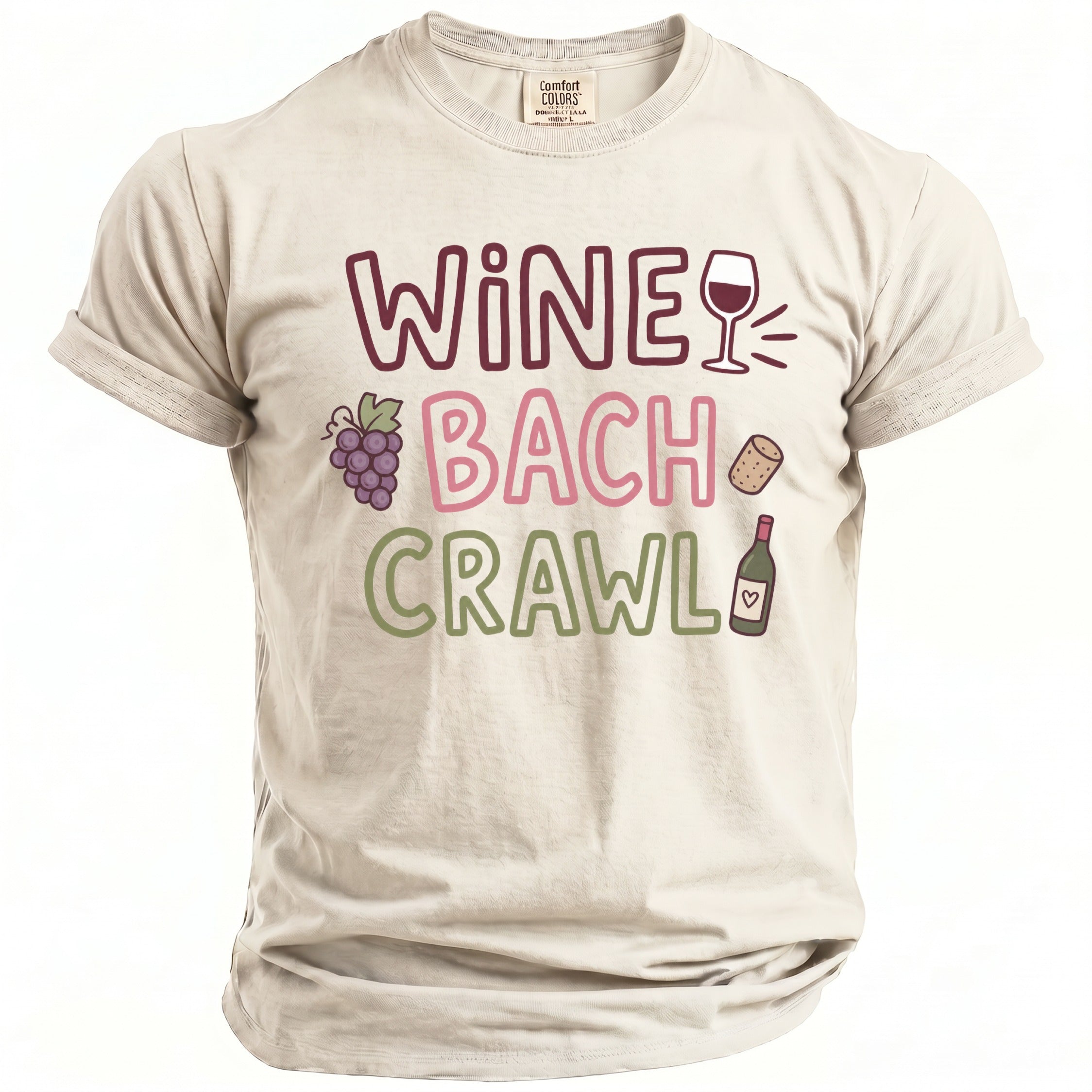 T-shirt with "Wine Bach Crawl" text, grapes, wine glass, cork, and bottle graphic.