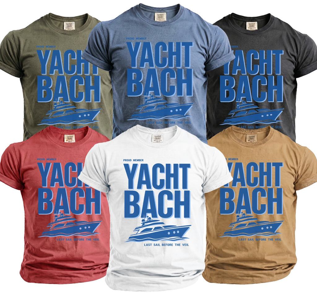 Six t-shirts in different colors, each with "YACHT BACH" and a yacht graphic.