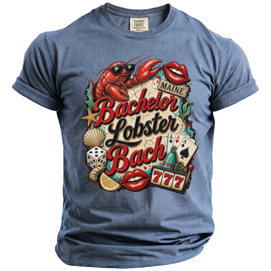 T-shirt graphic with lobster, lips, playing cards, dice, and text "Bachelor Lobster Bach Maine".