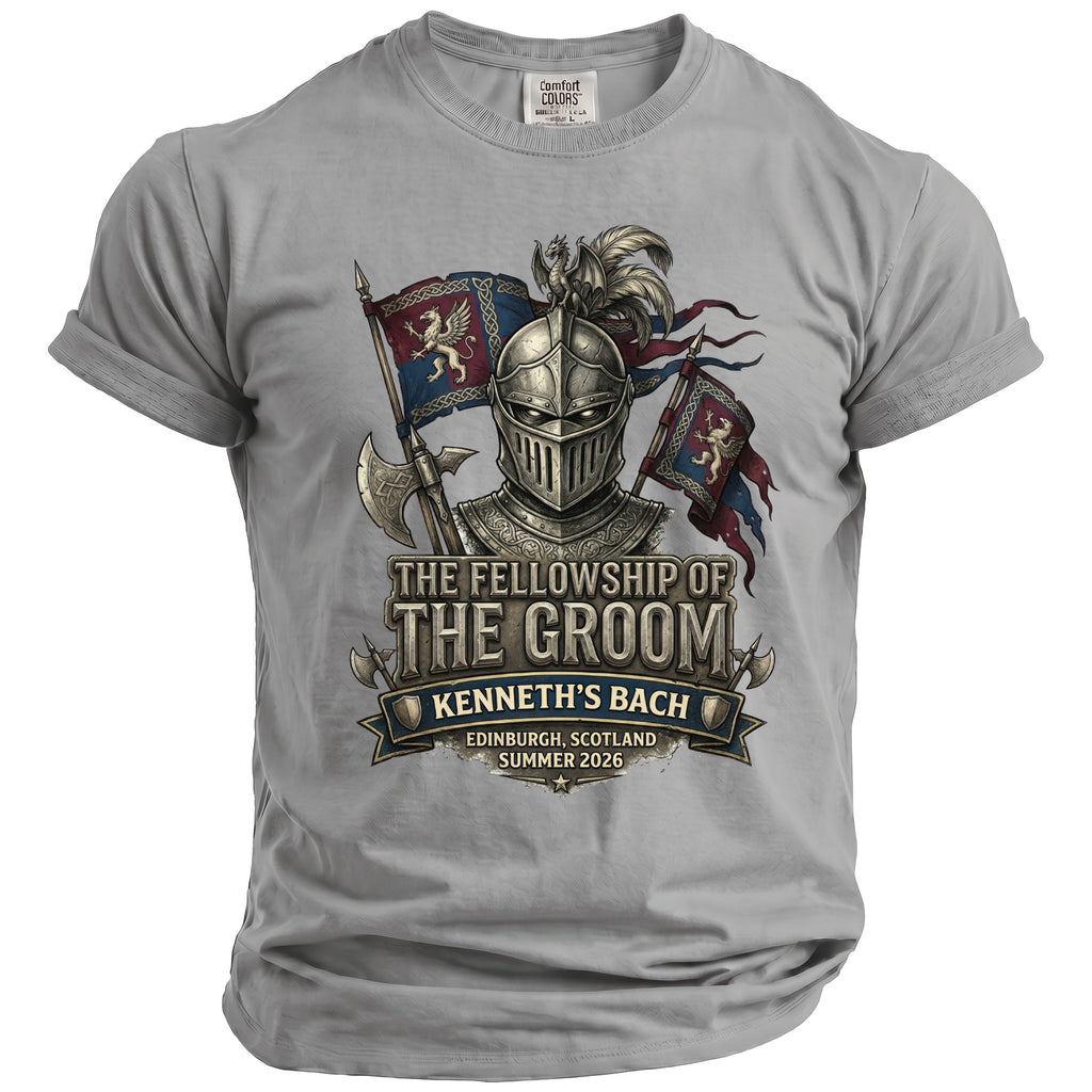 Grey t-shirt with knight graphic and text "The Fellowship of the Groom Kenneth's Bach".