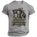 Grey t-shirt with knight graphic and text "The Fellowship of the Groom Kenneth's Bach".