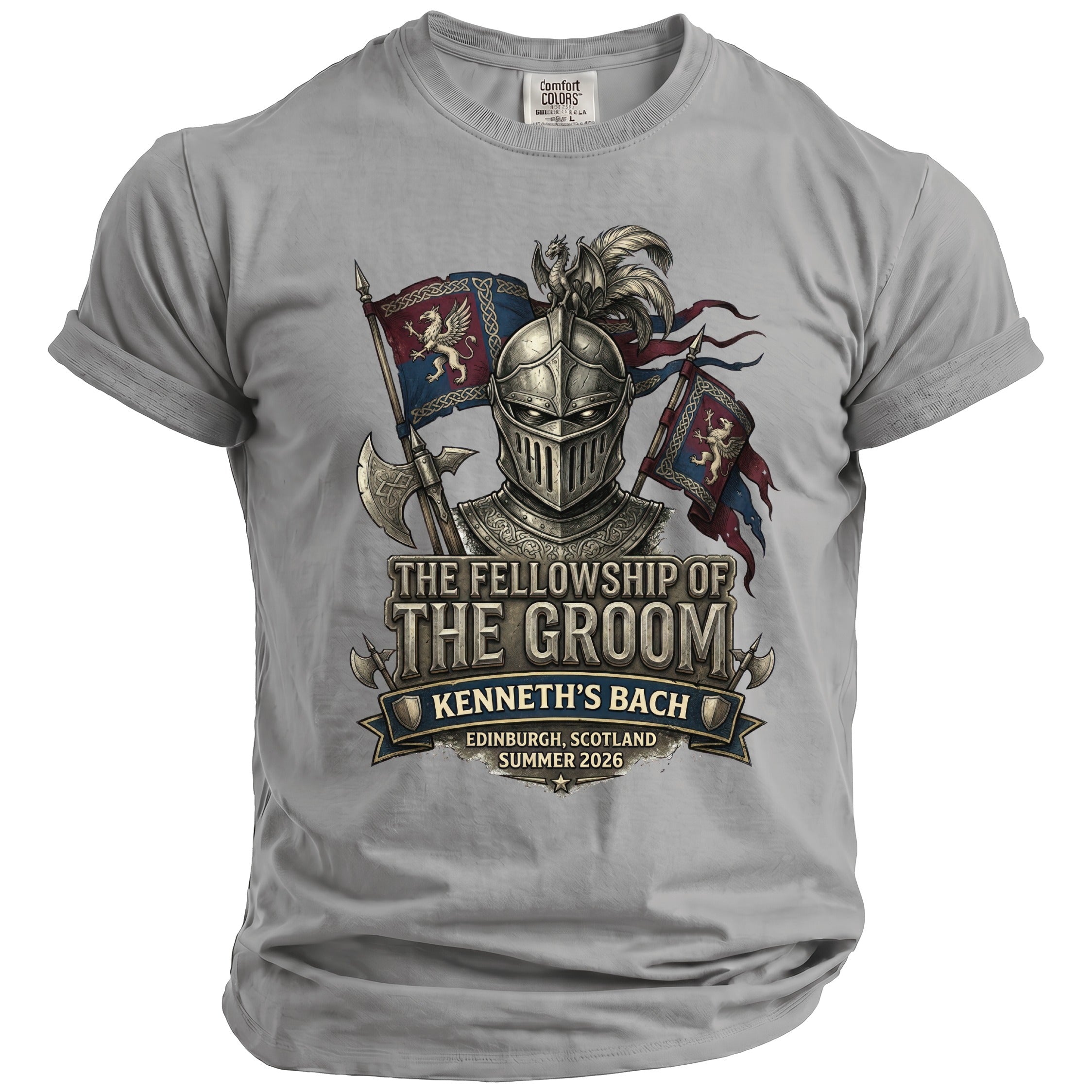 Grey t-shirt with knight graphic and text "The Fellowship of the Groom Kenneth's Bach".