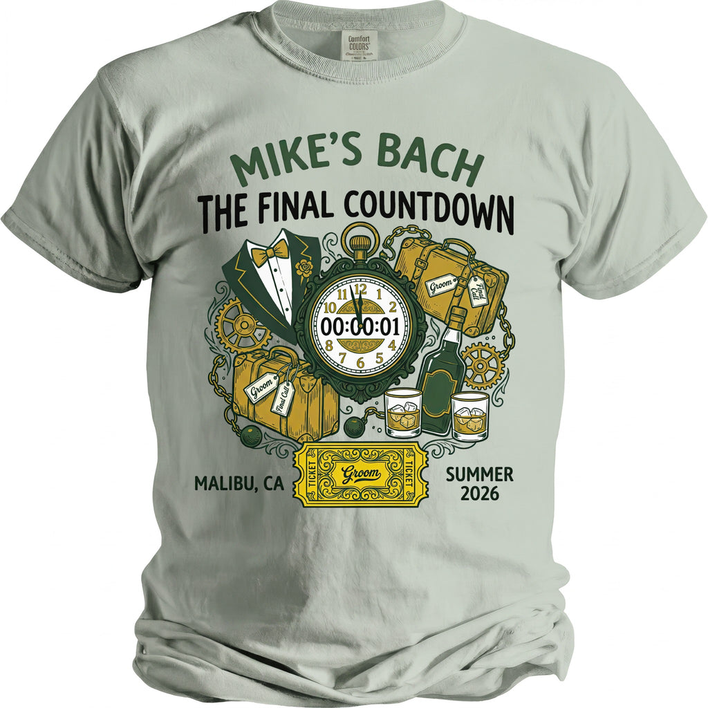 Light green t-shirt with "Mike's Bach" and "The Final Countdown" graphic.
