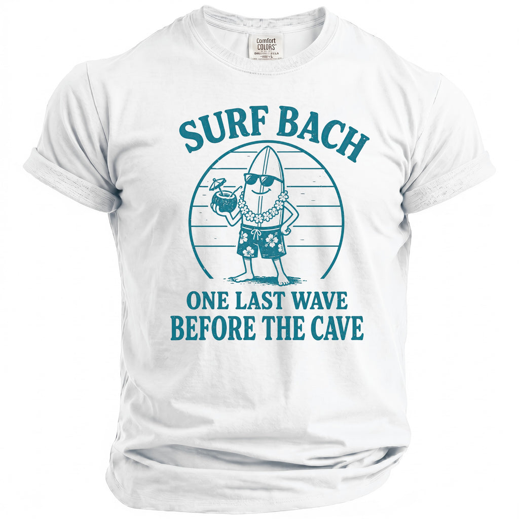 White t-shirt with "SURF BACH" and surfboard graphic.
