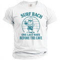 White t-shirt with "SURF BACH" and surfboard graphic.