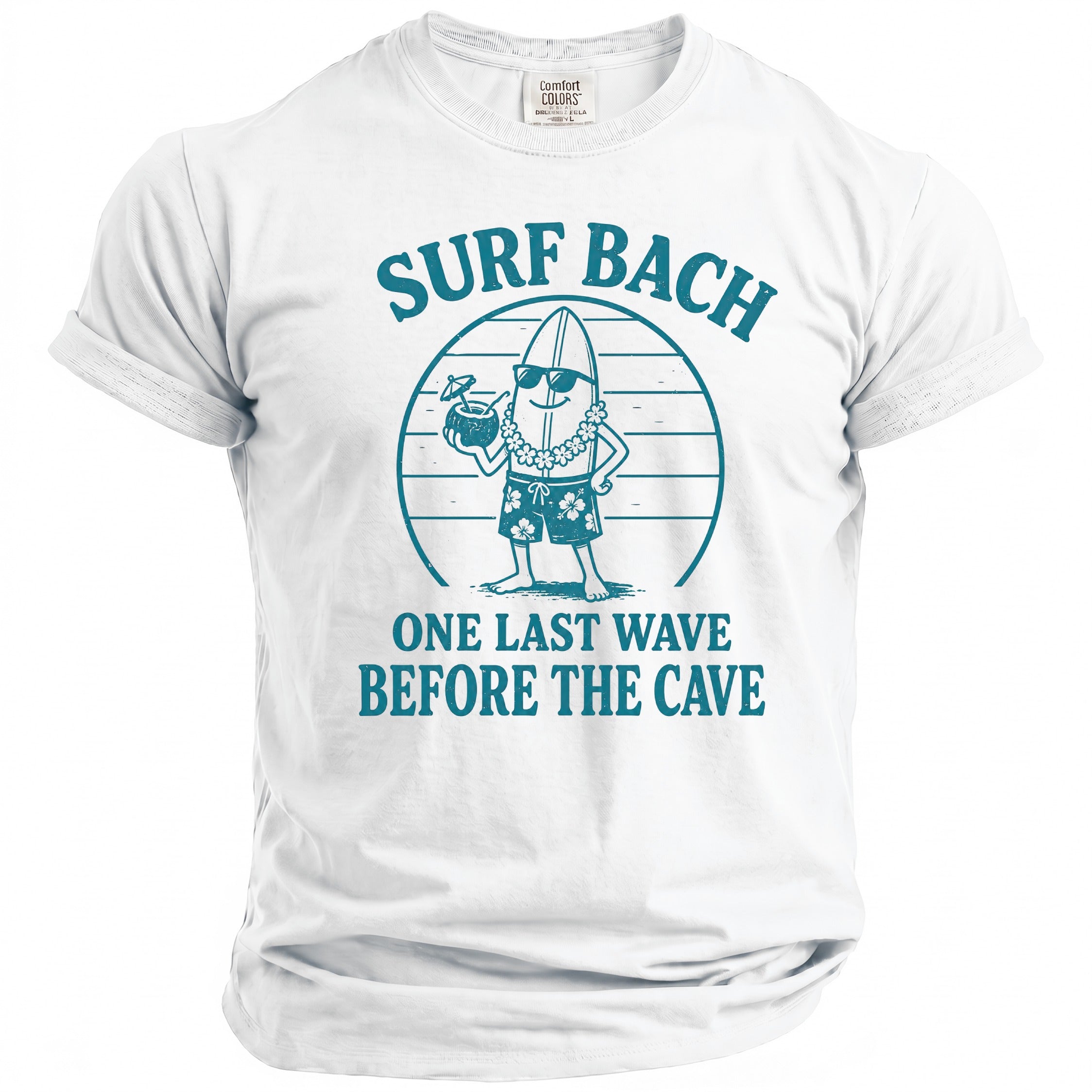 White t-shirt with "SURF BACH" and surfboard graphic.