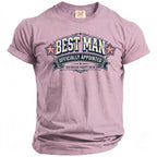 Pink t-shirt with "Best Man Officially Appointed Bachelor Party 2026" text and stars.