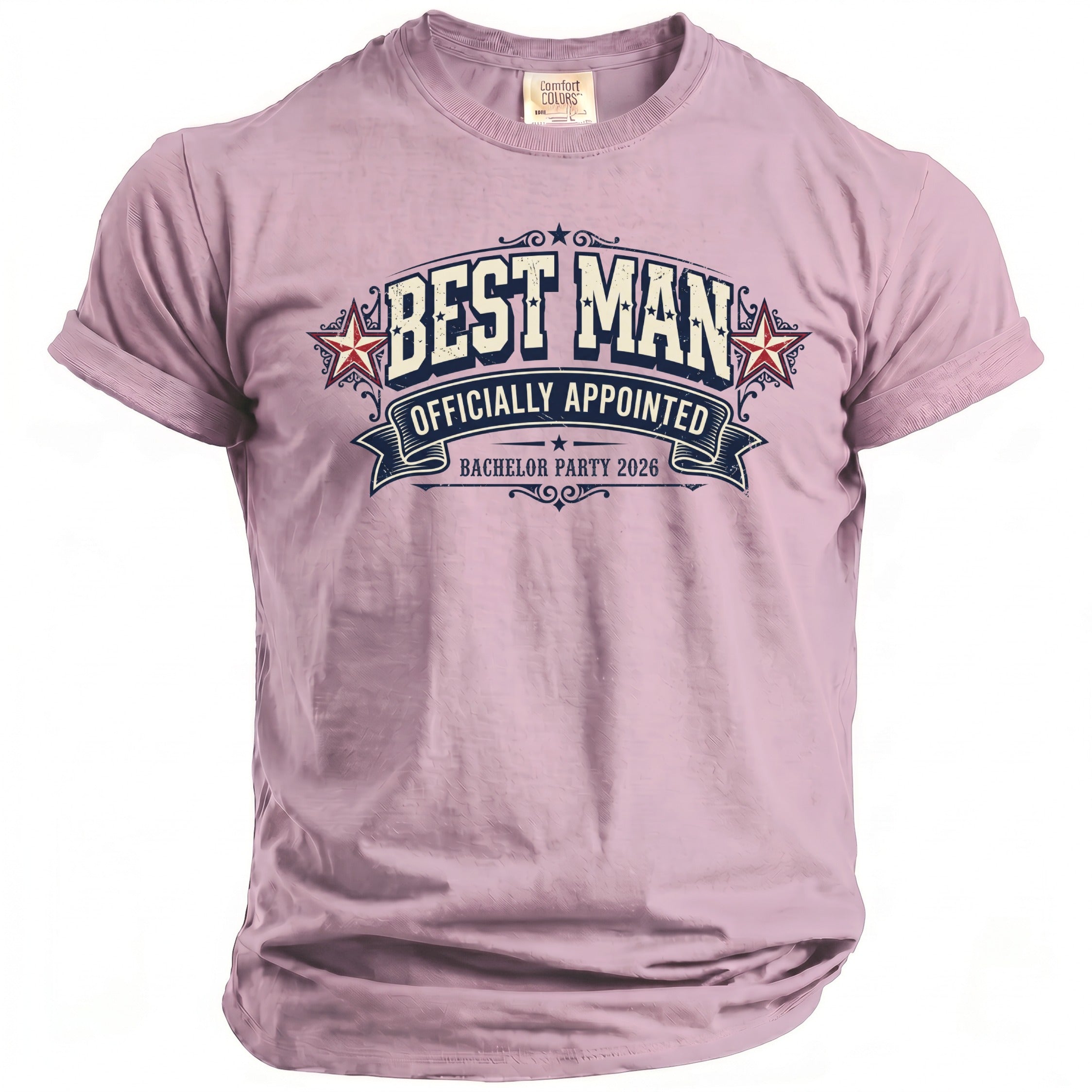 Pink t-shirt with "Best Man Officially Appointed Bachelor Party 2026" text and stars.