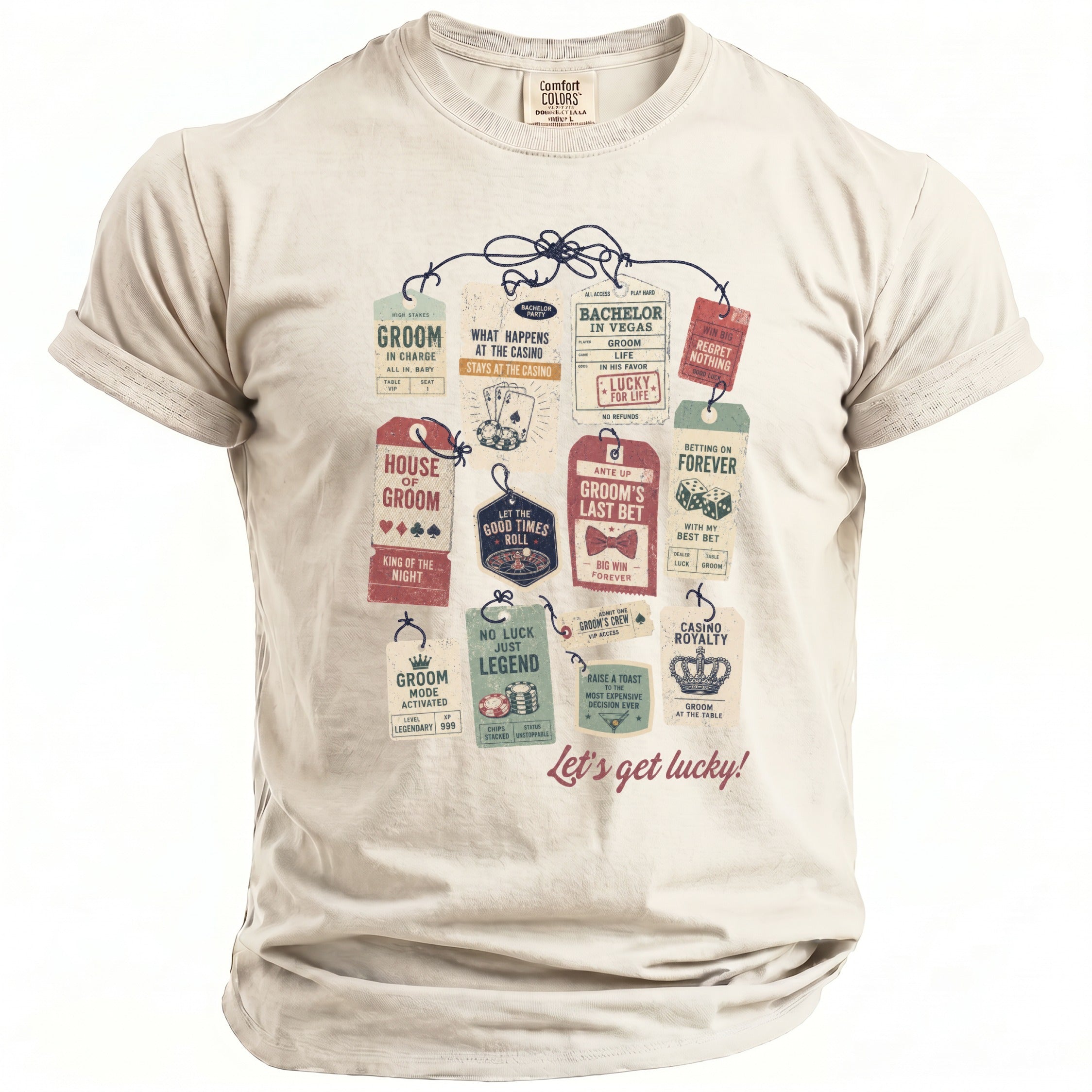 T-shirt with casino-themed tags about the groom and "Let's get lucky!"