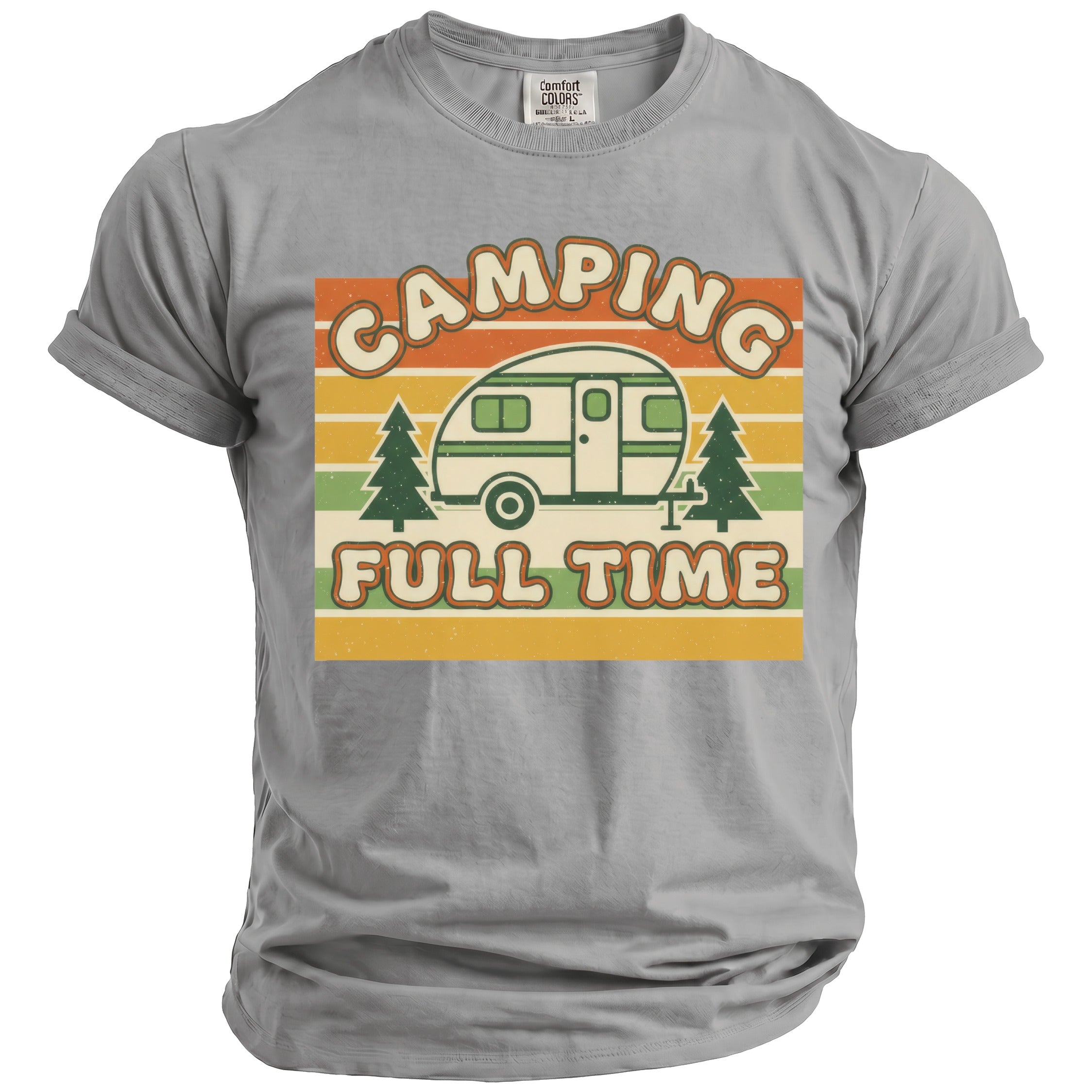 Grey t-shirt with a graphic that reads "CAMPING FULL TIME" and features a camper.