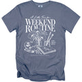 Grey t-shirt with "A Little Time for Weekend Routine" and art supplies.