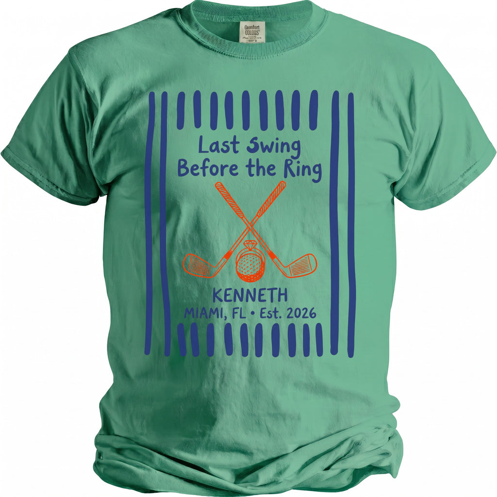 Green t-shirt with "Last Swing Before the Ring" and golf imagery.