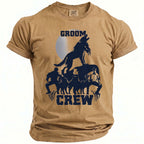 Tan t-shirt with navy blue wolf graphic and words "GROOM CREW"