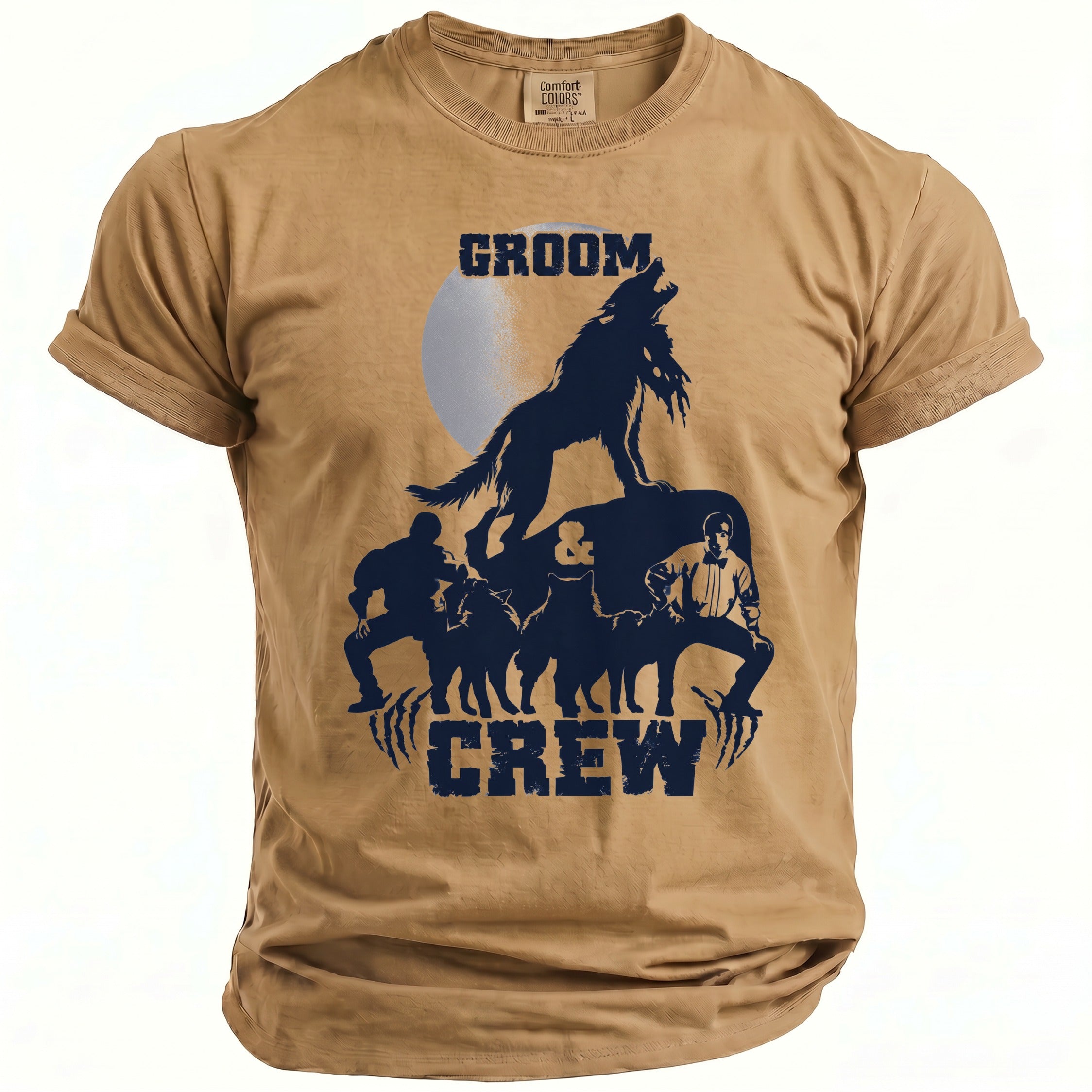 Tan t-shirt with navy blue wolf graphic and words "GROOM CREW"