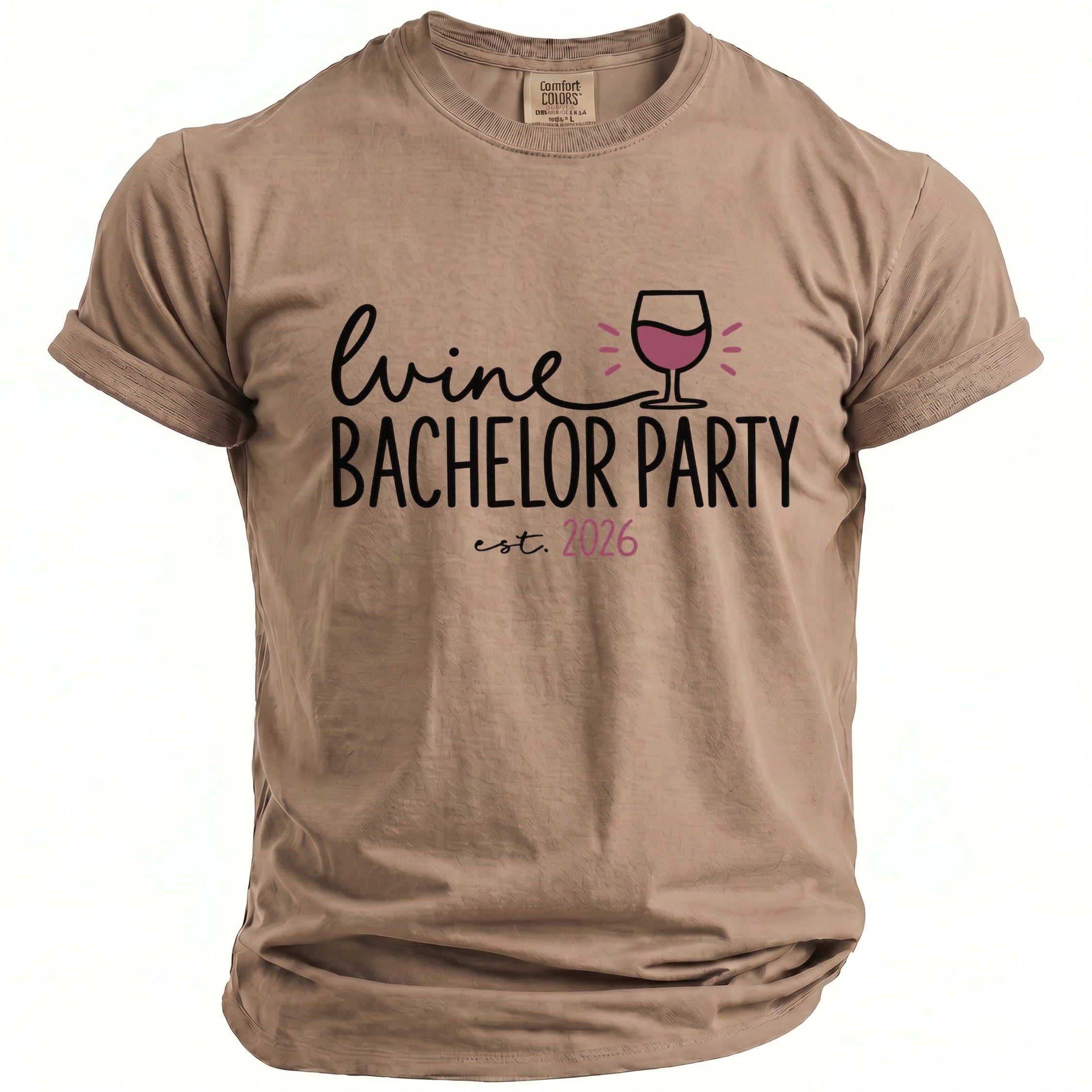 Taupe t-shirt with "wine BACHELOR PARTY est. 2026" and a wine glass graphic.