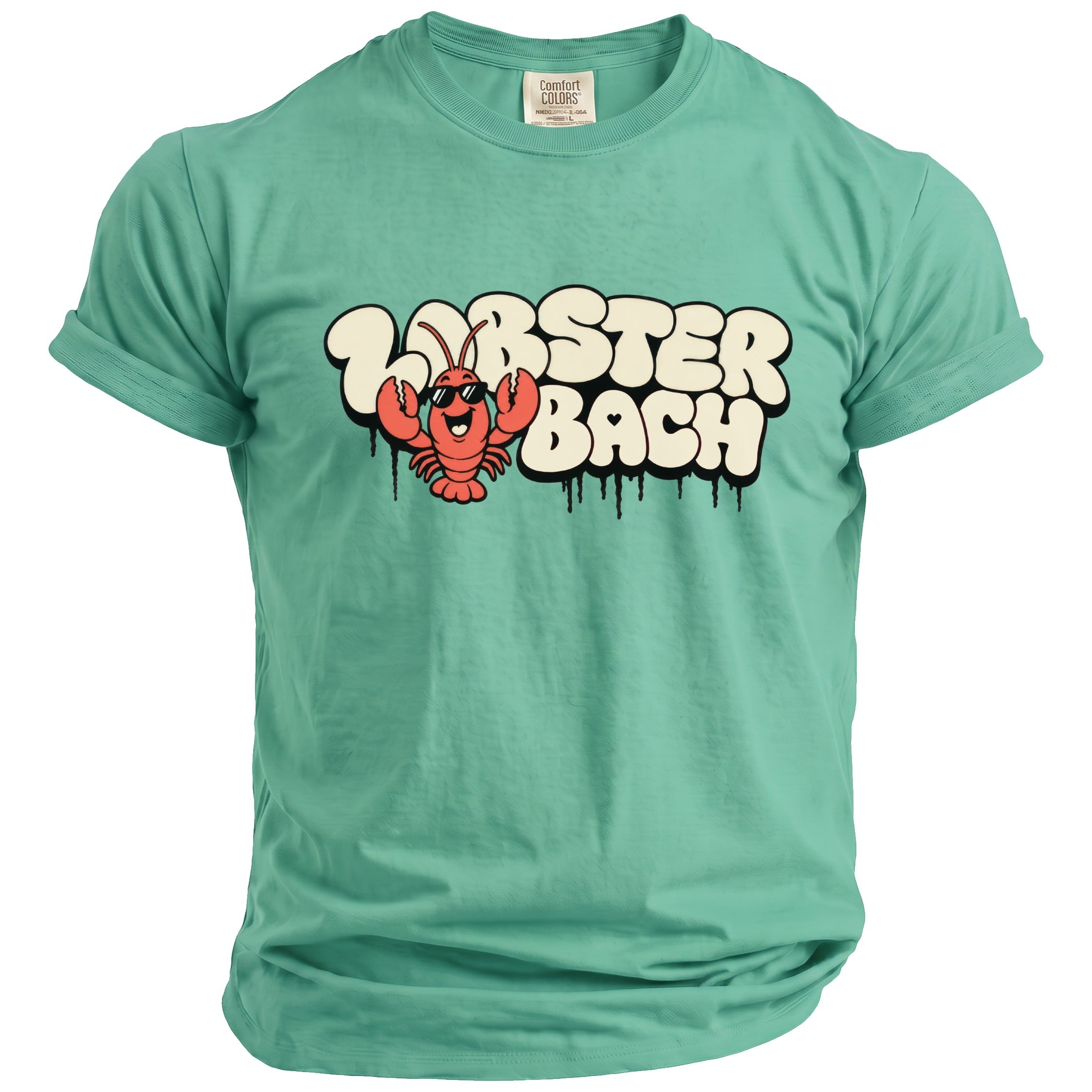 Teal t-shirt with cartoon lobster and "Lobster Bach" text graphic.