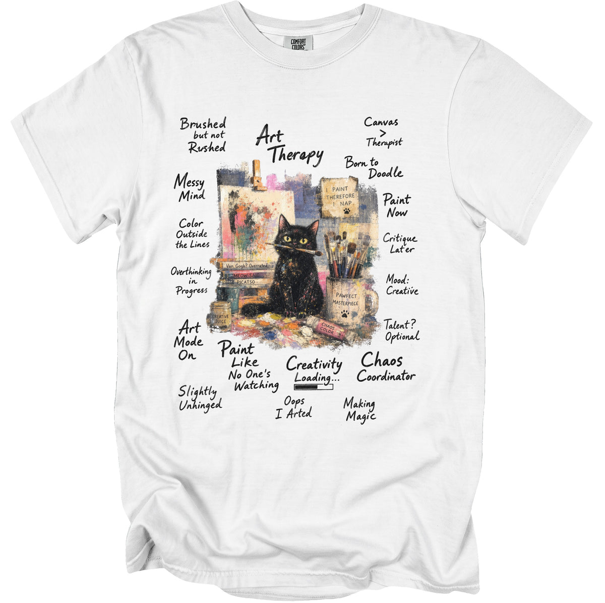 T-shirt with black cat, art supplies, and "Art Therapy" text.