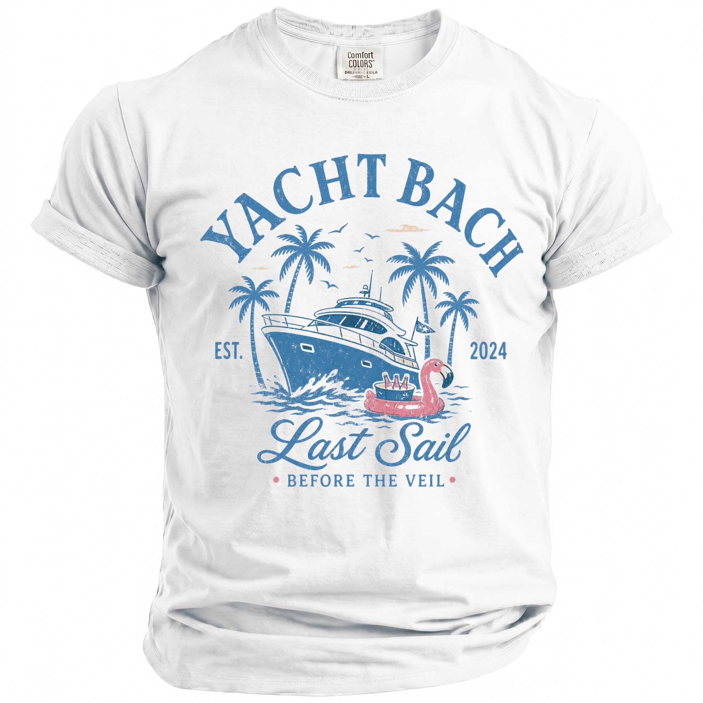 White t-shirt with "Yacht Bach Last Sail Before the Veil 2024" graphic.