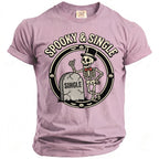 Pink t-shirt featuring a skeleton giving a thumbs up next to a tombstone that says "SINGLE".