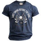Navy t-shirt with "Last Swing Before the Ring" golf graphic and "Bachelor Weekend 2026" text.