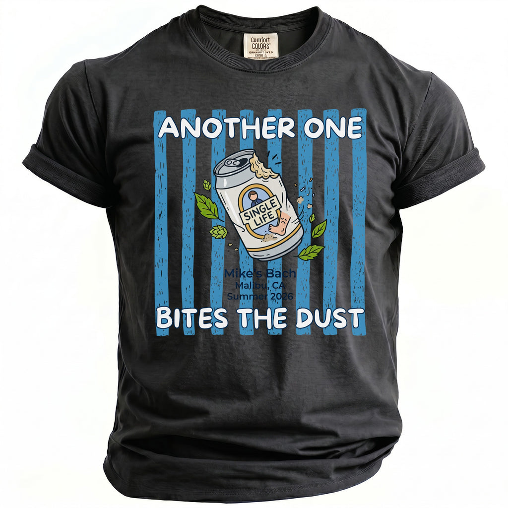 Dark gray t-shirt with "Another One Bites the Dust" graphic featuring a beer can.
