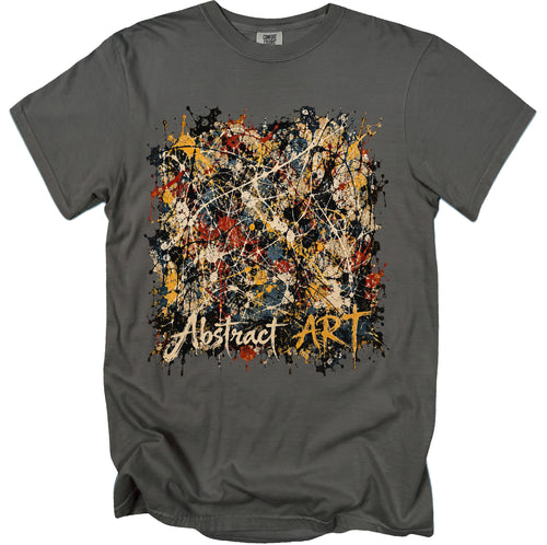 Gray t-shirt with abstract paint splatter design and text "Abstract ART".
